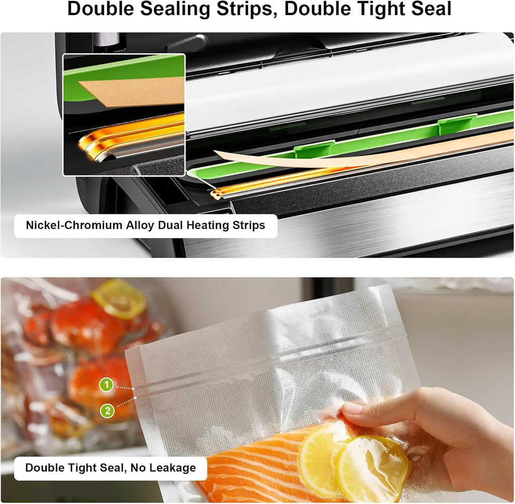 95kPa Precision Vacuum Sealer Machine, Double Heat Seal for Dry/Moist Food, Easy-Lock