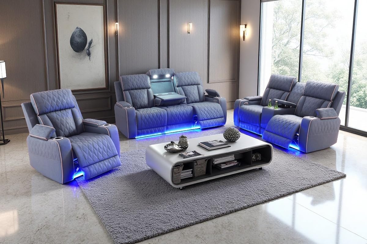 A Ainehome Sanded Leather Power Recliner Sofa Set with LED, 3 Pieces Living Room Furniture Sets