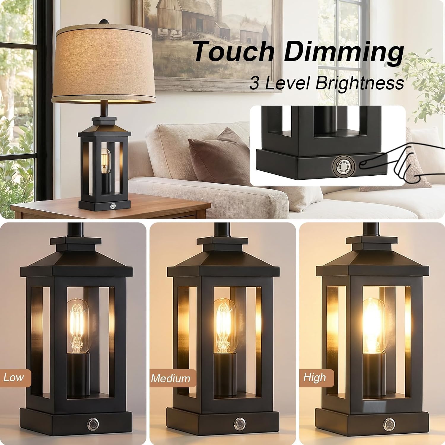 G-SAFAVA 23.75" Retro Farmhouse Black Table Lamp for Living Room Bedroom Nightstand Set of 2 Touch Control Bedside