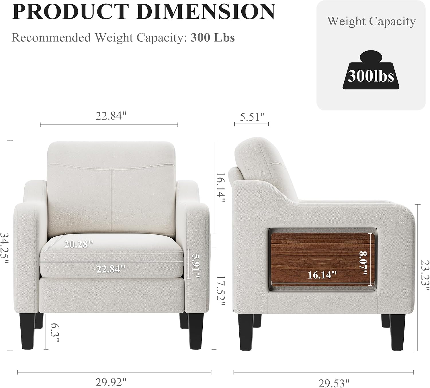Accent Chairs Set of 2 for Living Room, Mid-Century Upholstered Armchair with Foldable Table & 2 Side Pockets