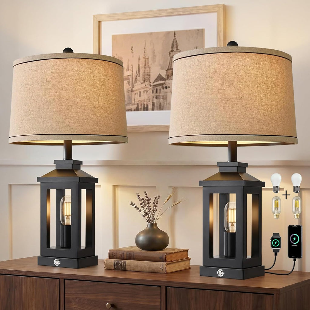 G-SAFAVA 23.75" Retro Farmhouse Black Table Lamp for Living Room Bedroom Nightstand Set of 2 Touch Control Bedside