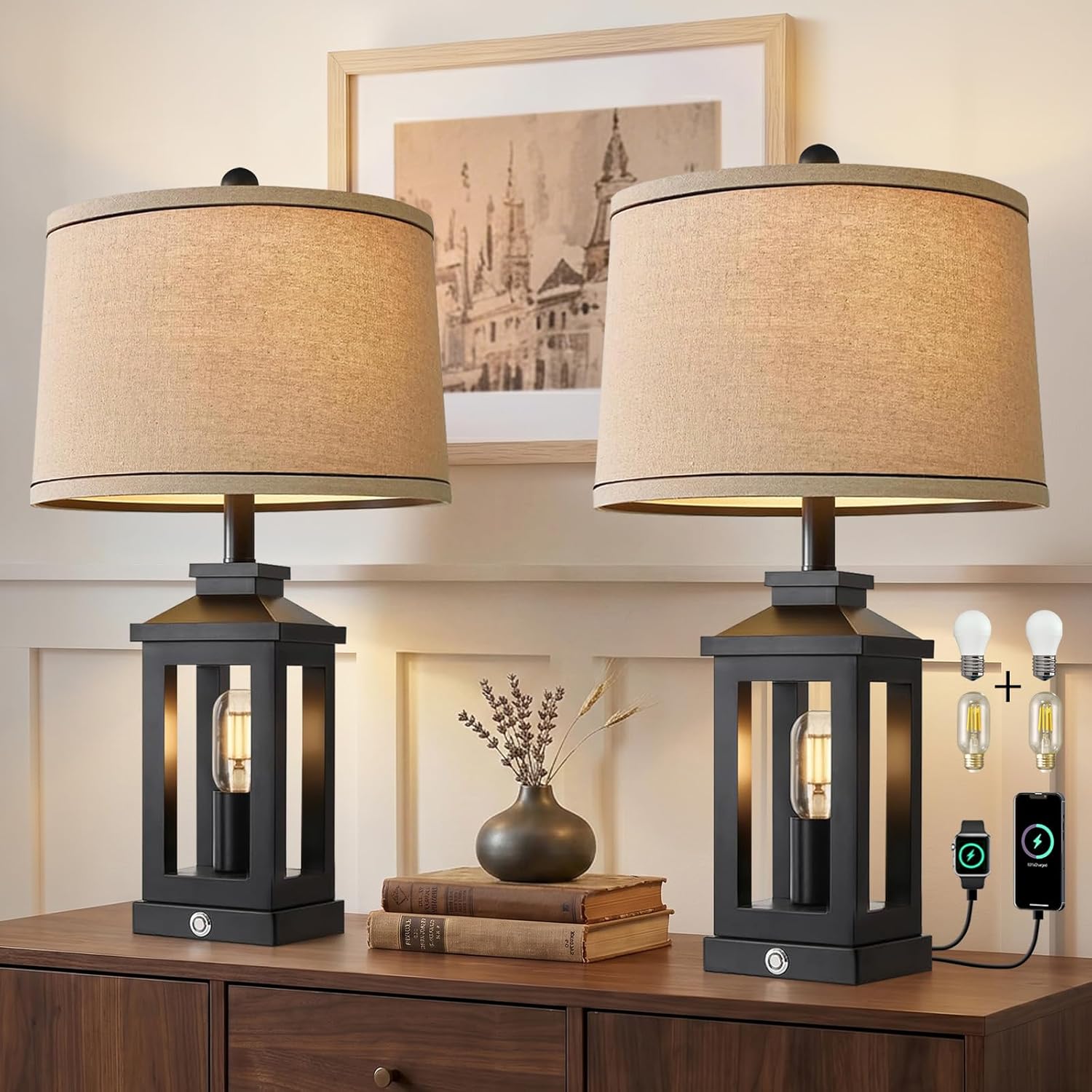 G-SAFAVA 23.75" Retro Farmhouse Black Table Lamp for Living Room Bedroom Nightstand Set of 2 Touch Control Bedside