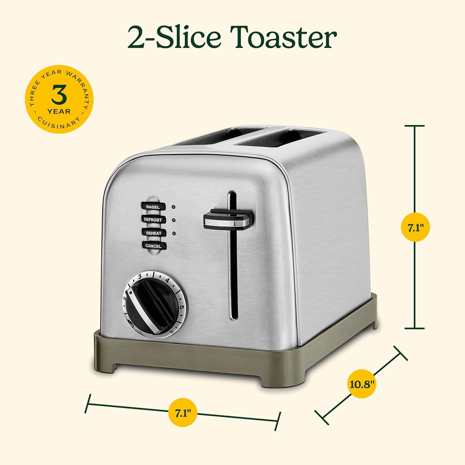 Cuisinart CPT-160P1 Metal Classic 2-Slice Toaster, Brushed Stainless Steel, 6 Shade Settings, 1.5" Wide