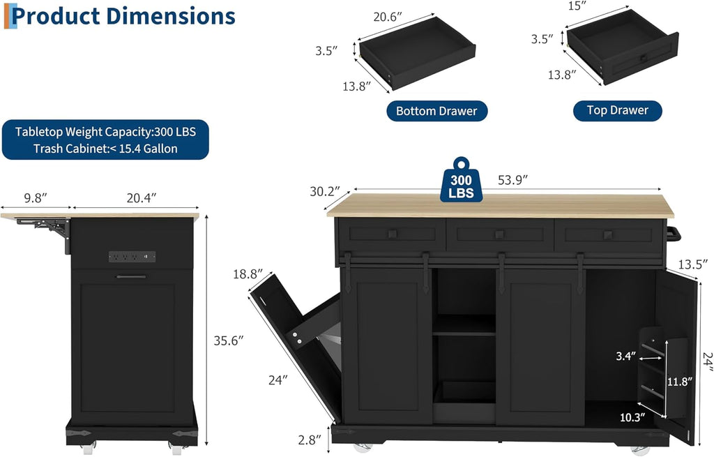 Large Rolling Kitchen Island with Power Outlet, Mobile Kitchen Cart on Wheels with Drop Leaf, 3 Drawers