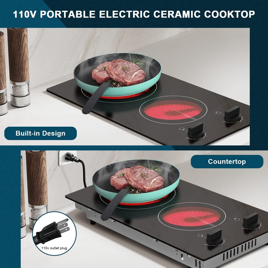 Karinear 110v Electric Cooktop 2 Burners, 12'' Electric Stove Top with Plug in, Knob Control Countertop