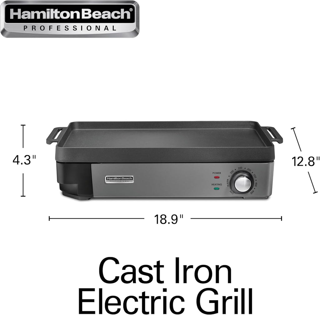 Hamilton Beach Professional Cast Iron Indoor Electric Grill & Griddle, 10" x 16" Preseasoned Cooking Surface