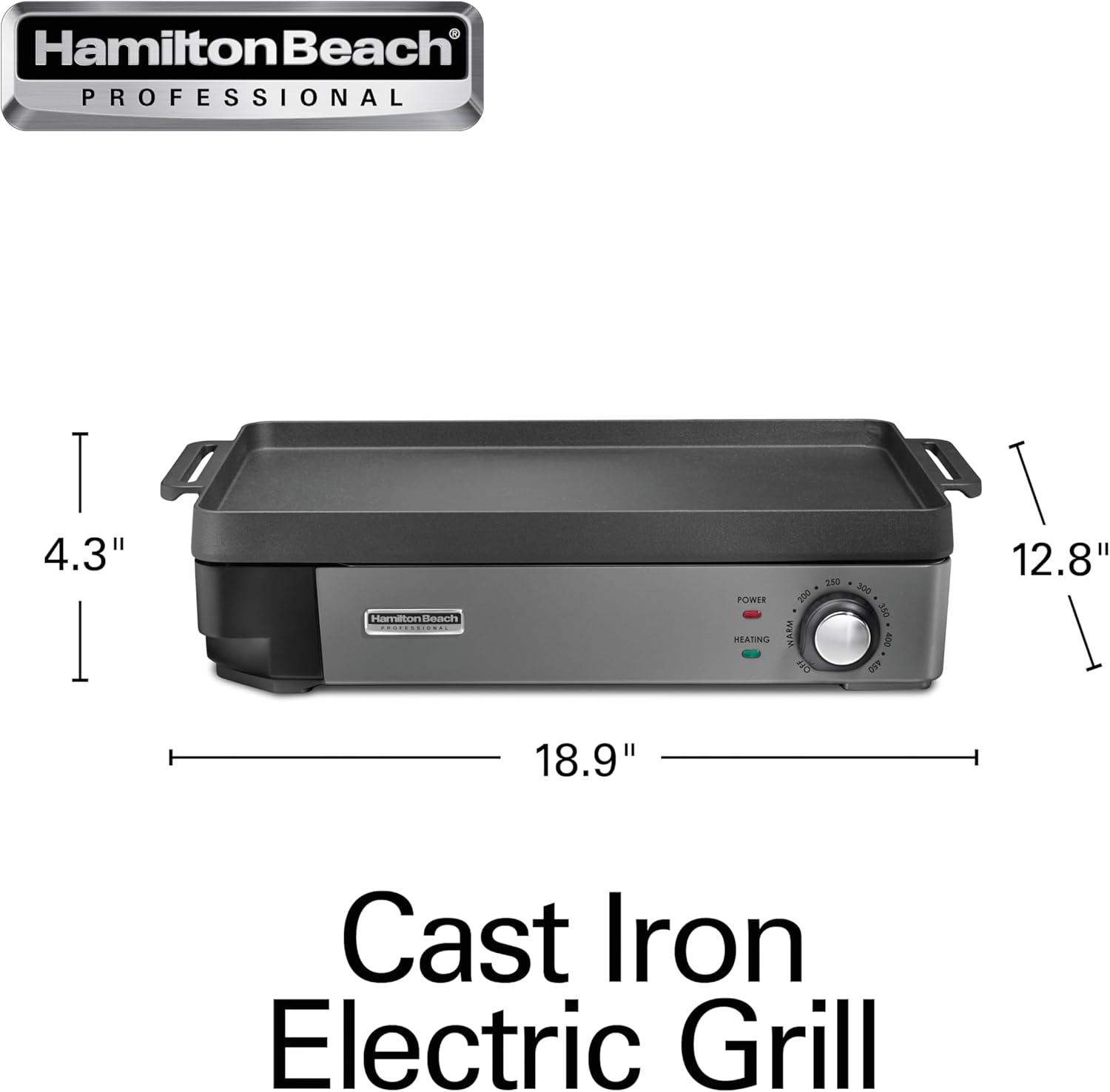 Hamilton Beach Professional Cast Iron Indoor Electric Grill & Griddle, 10" x 16" Preseasoned Cooking Surface