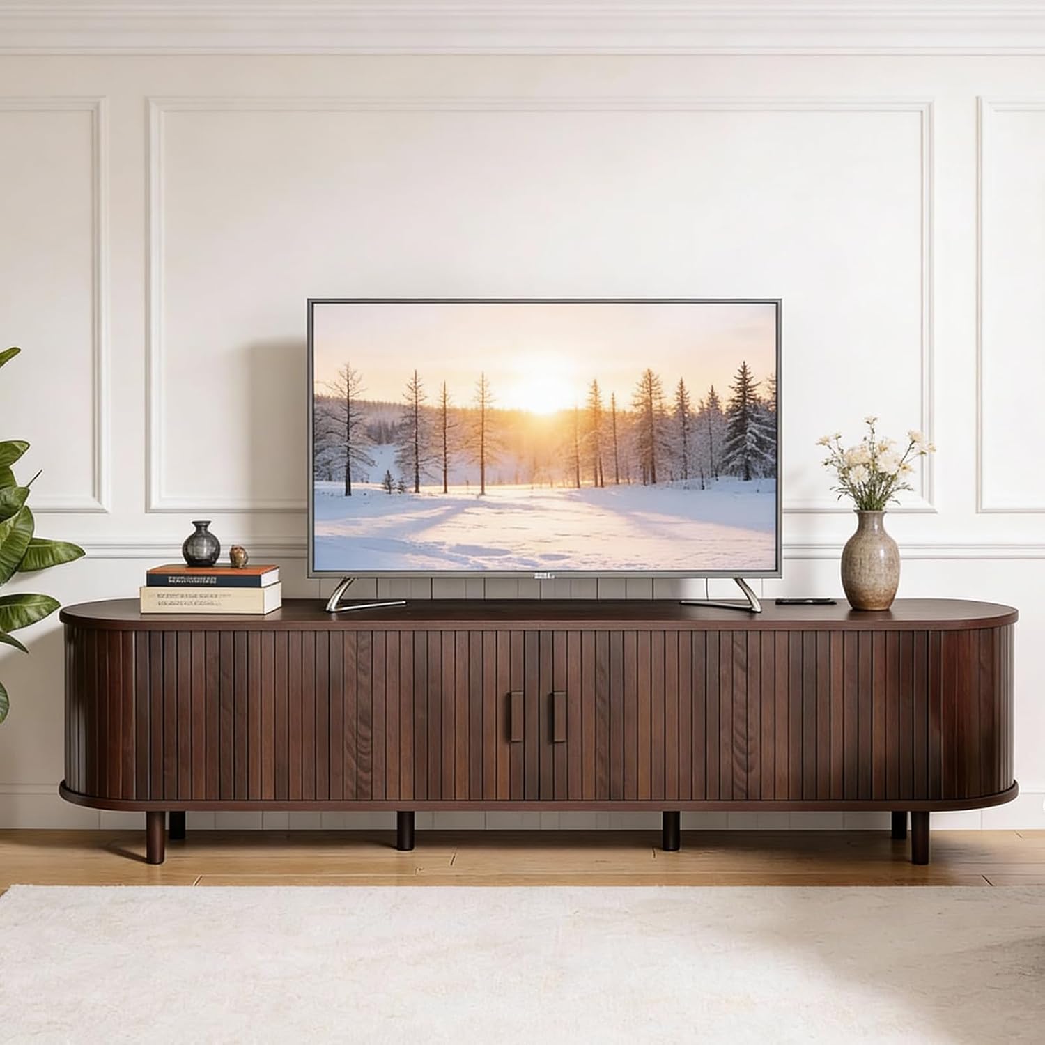 70" Mid Century Modern TV Stand, Wood TV Consoles with Sliding Doors and Power Outlet,
