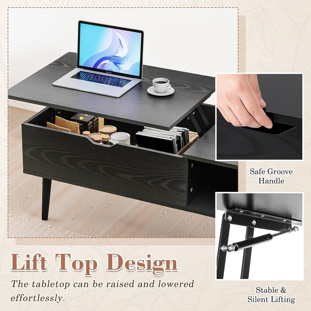 OLIXIS Wood Lift Top Coffee Table with Hidden Compartment and Large Storage Shelf