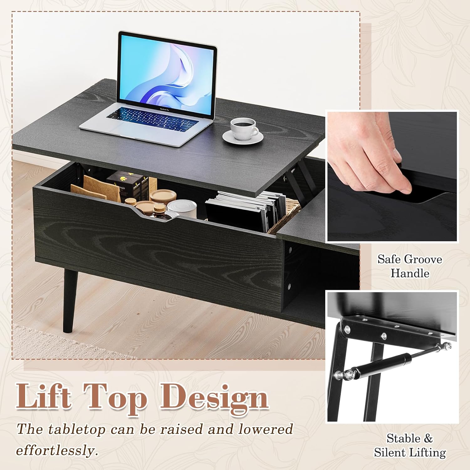 OLIXIS Wood Lift Top Coffee Table with Hidden Compartment and Large Storage Shelf