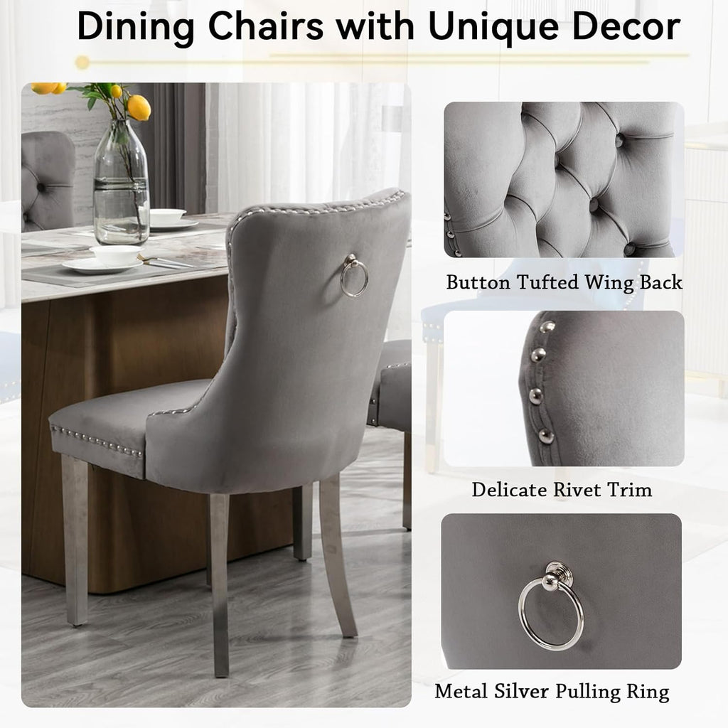 7 Pieces Faux Marble Dining Table Set for 6, 63"-79" Extendable Dining Room Table and 6 Grey Tufted Chairs Set for 6