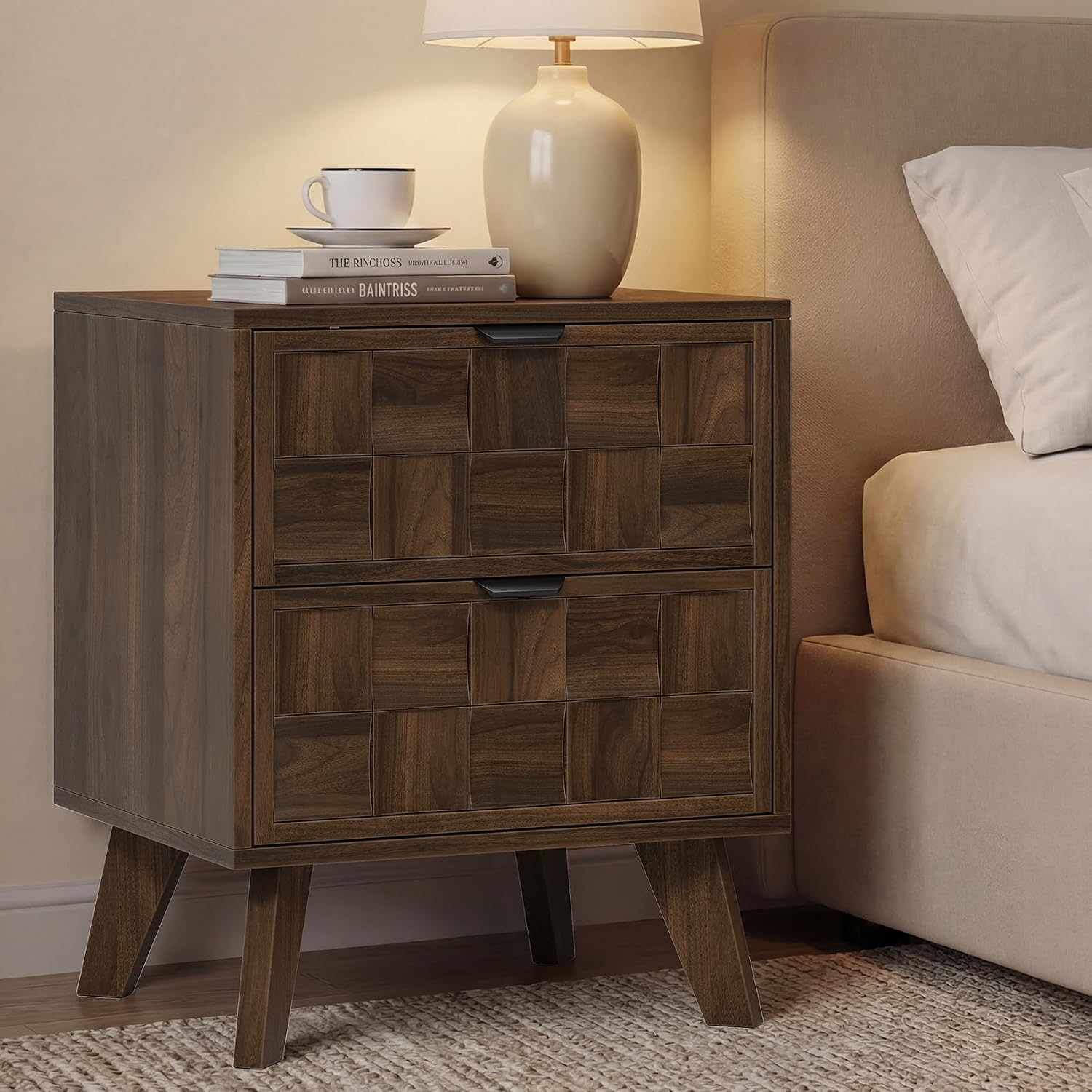 Smart FENDEE Nightstand with 2 Embossed Checkerboard Pattern Drawers, Bedside Table with Solid Wood Legs