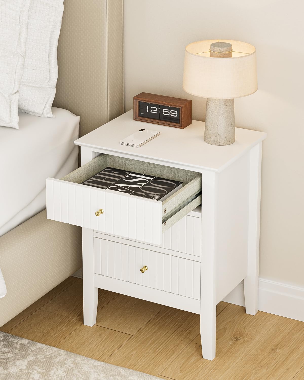 Fluted Nightstand, Farmhouse Night Stand with 3 Drawers