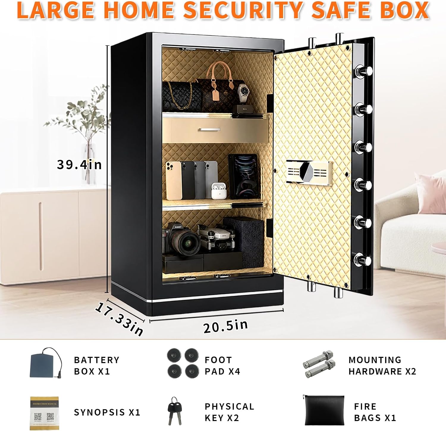 FABAO Wifi Smart Safe,8.1Cu Ft Home Safes with Fireproof Waterproof Bag,Removable Shelf,Fingerprint Safes,Built-In