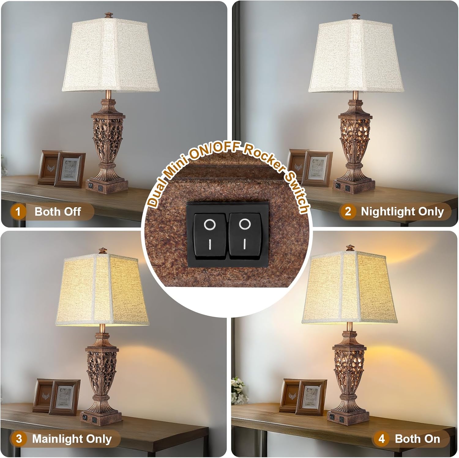 28.5" Vintage Bronze Table Lamps Set Of 2 with Night Light,Lamps for Nightstand with Beige Linen Cut Corner Shade