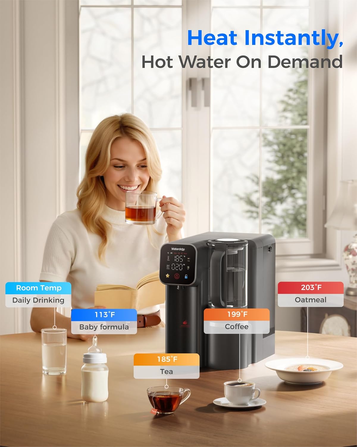 Waterdrop M6H Instant Hot Reverse Osmosis System Countertop Water Filter, 7-Stage