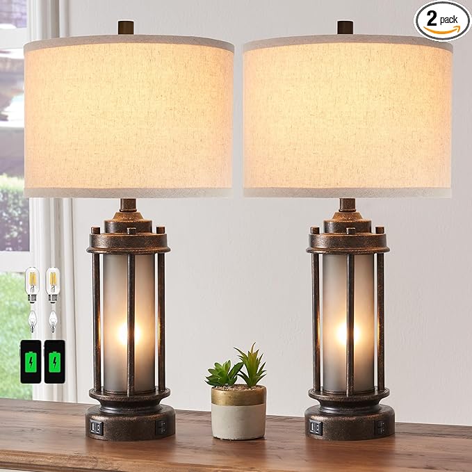 Set of 2 Farmhouse Lamps for Living Room, Rustic Vintage Bedroom Nightstand Table