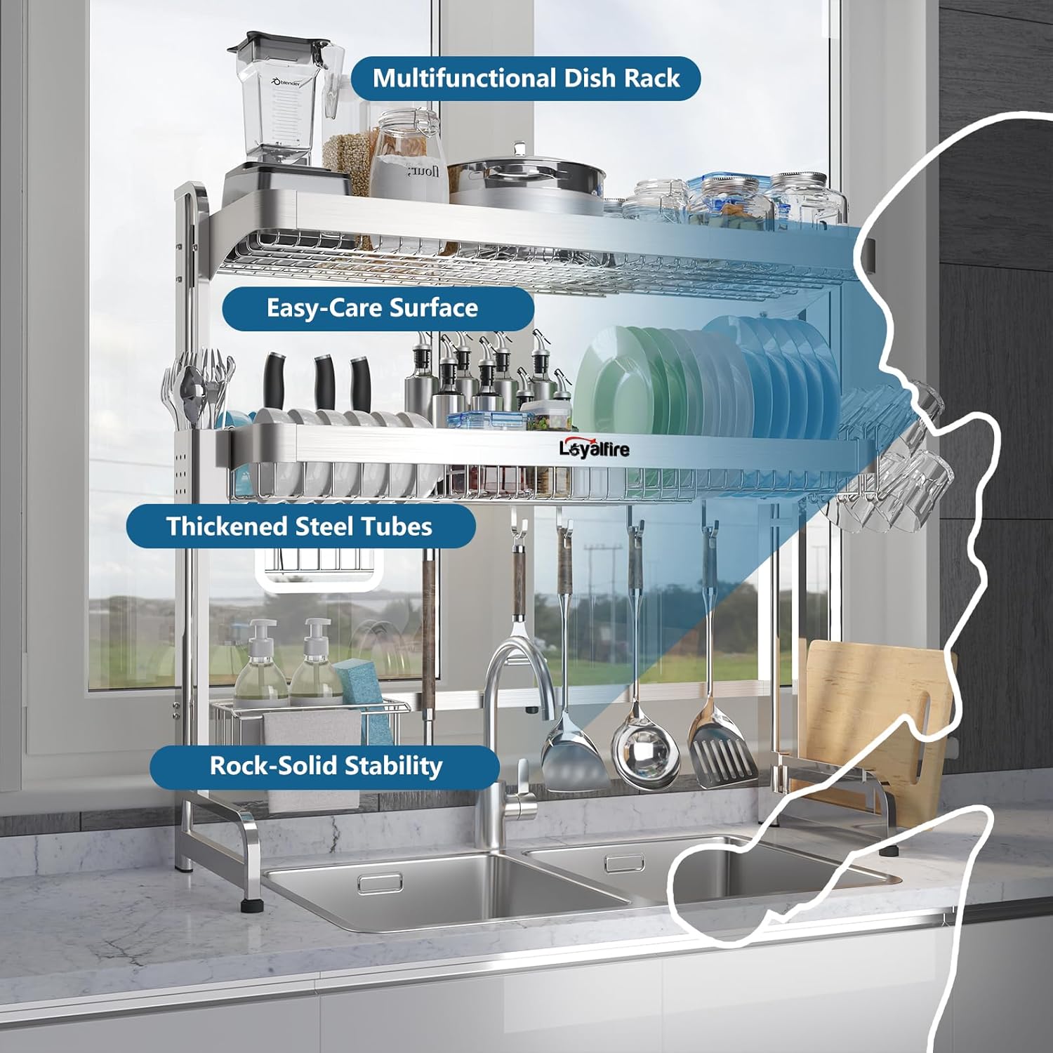 Over Sink Dish Drying Rack, 3 Tier Adjustable Length (20.87'' to 37.6'') Full Stainless Steel Large Storage