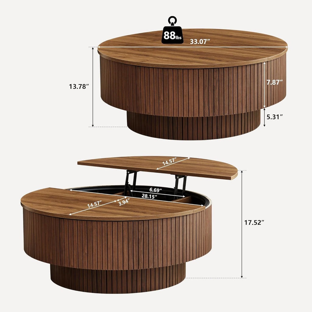 33" Round Coffee Table with Lift-Top & Flip-Top Storage, Modern