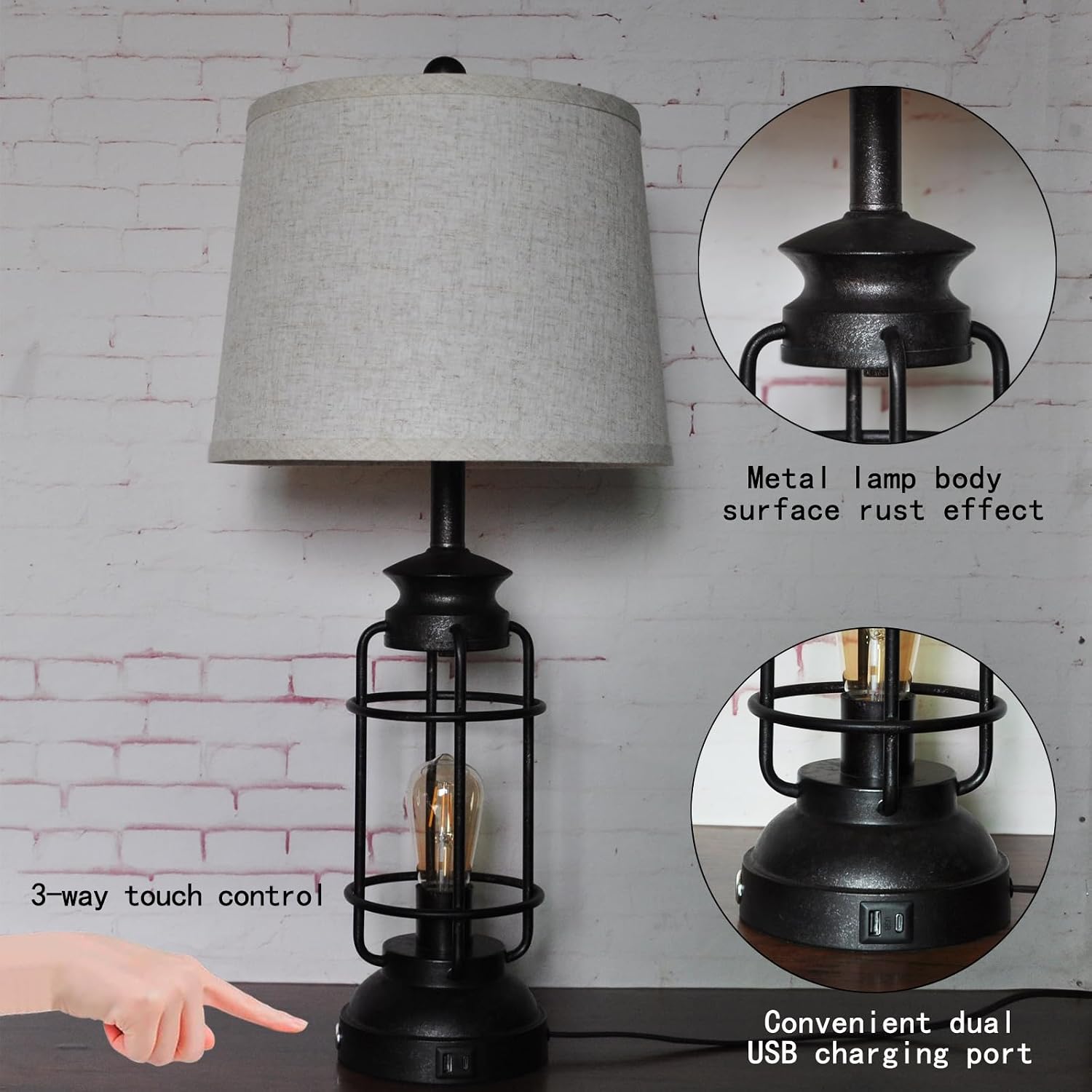 Table Lamps Set of 2 with USB Port 3 Way Dimmable Touch Lamps 28.5" Tall