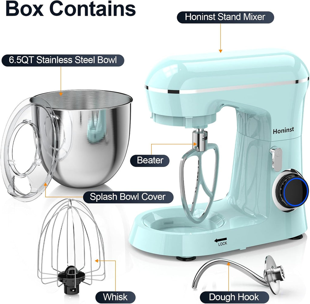 Honinst Stand Mixer, 6.5QT 10-Speed Tilt-Head Electric Stand Mixer, 3-In-1 Kitchen Mixer