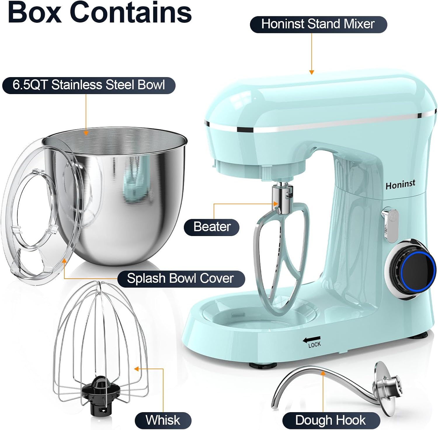 Honinst Stand Mixer, 6.5QT 10-Speed Tilt-Head Electric Stand Mixer, 3-In-1 Kitchen Mixer