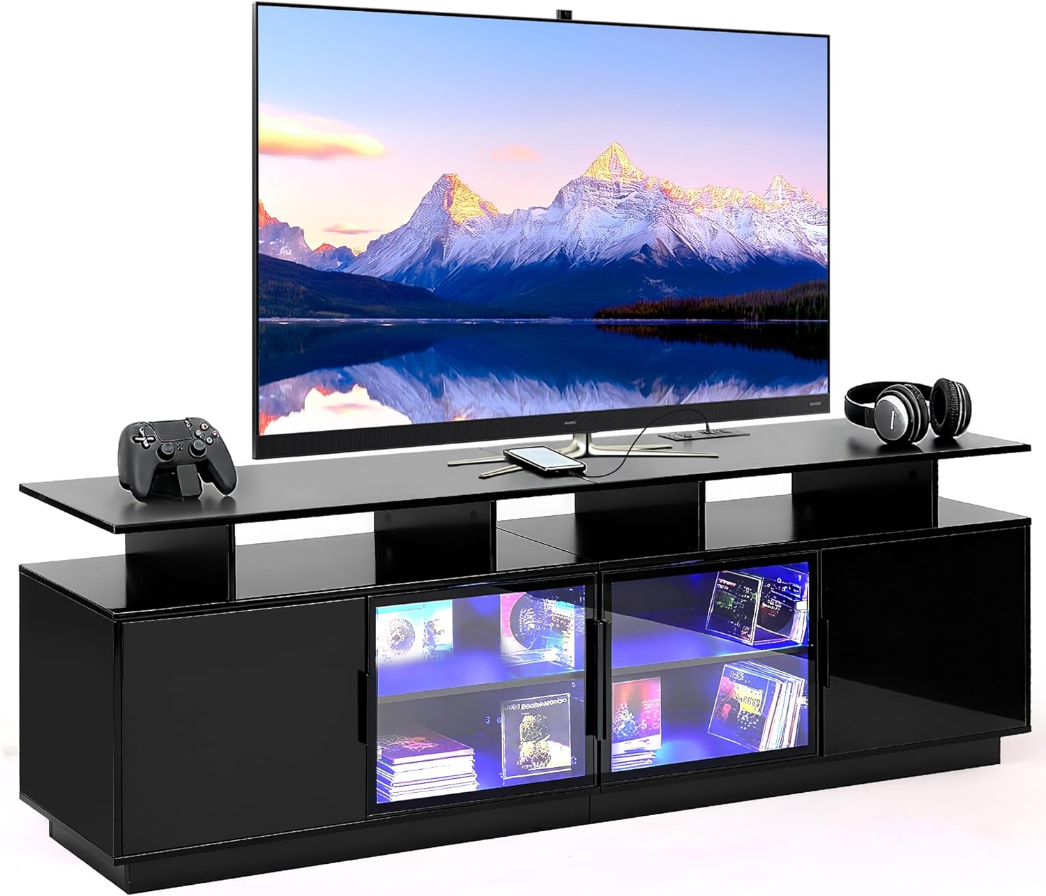 70 Inch Black TV Stand for Living Room, LED Entertainment Center