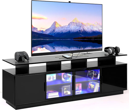 70 Inch Black TV Stand for Living Room, LED Entertainment Center