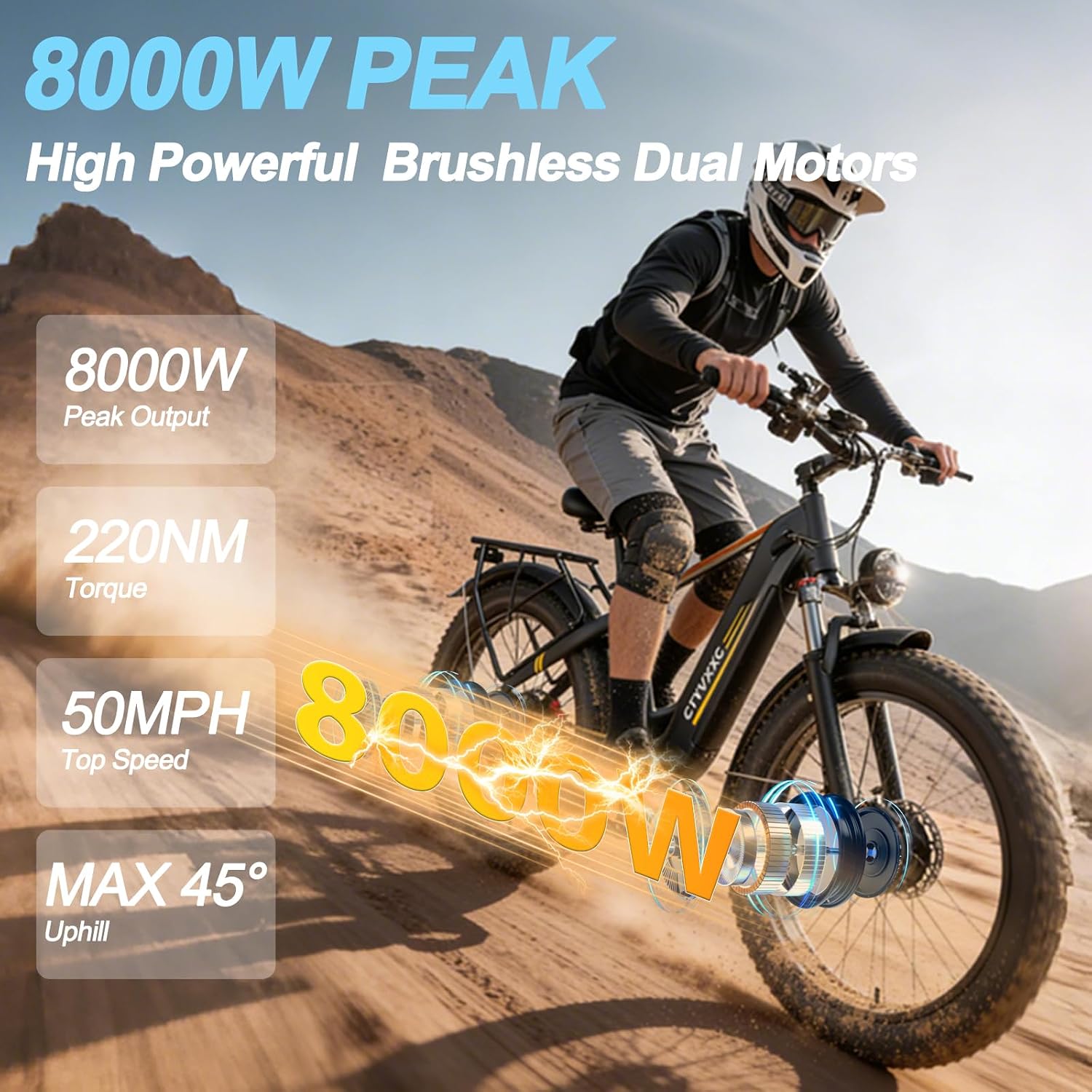 Dual Motor Ebike for Adults, 8000W Peak Max 50 MPH Fast Electric Bike for Adults