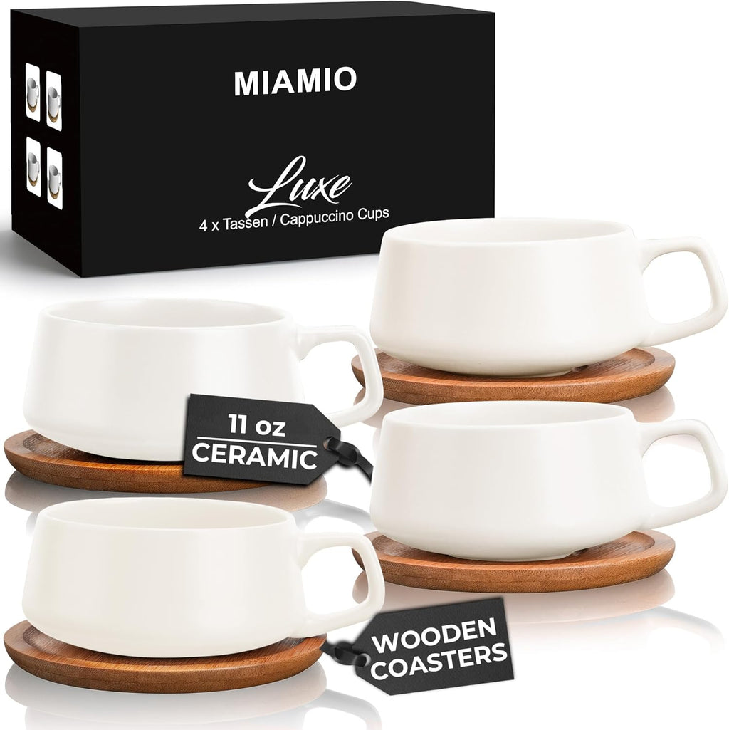MIAMIO – 11 Oz., Set of 4 Ceramic Tea Cup and Saucer Bamboo/Tea Mug