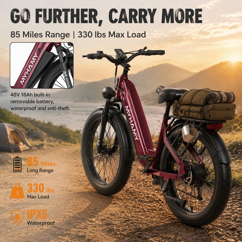 24" Fat Tire Electric Bike 48V 18Ah Adult Ebike | 100Nm torque climbs 25% hills.