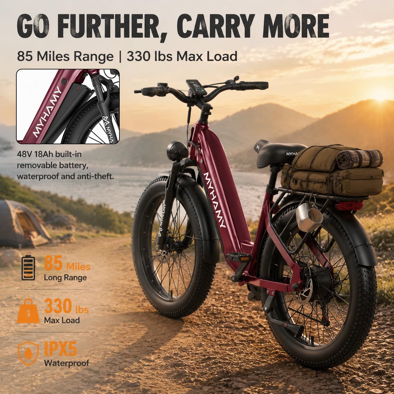24" Fat Tire Electric Bike 48V 18Ah Adult Ebike | 100Nm torque climbs 25% hills.