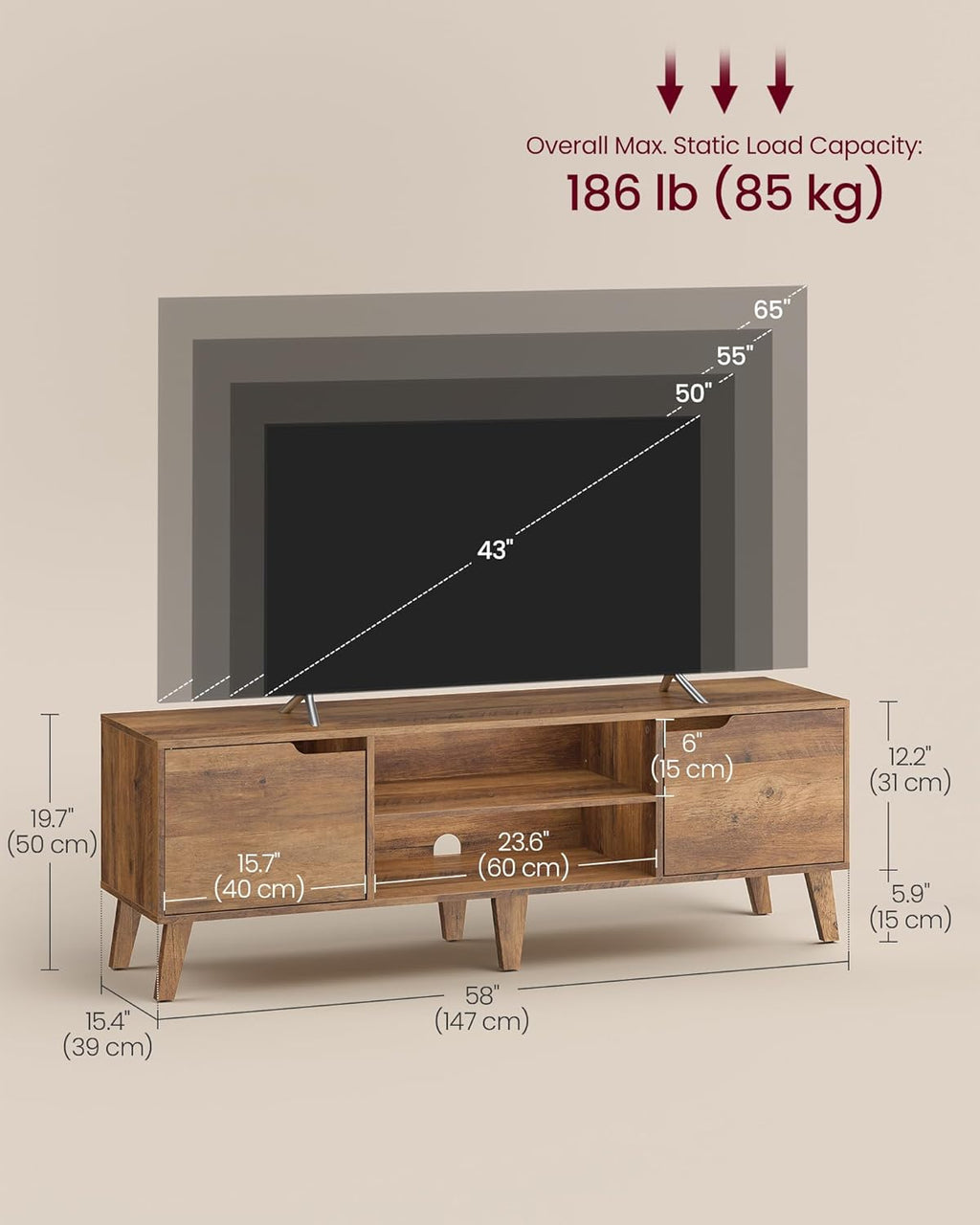 VASAGLE TV Stand for 65-Inch TVs, Entertainment Center with Adjustable Shelf, 58-Inch Long