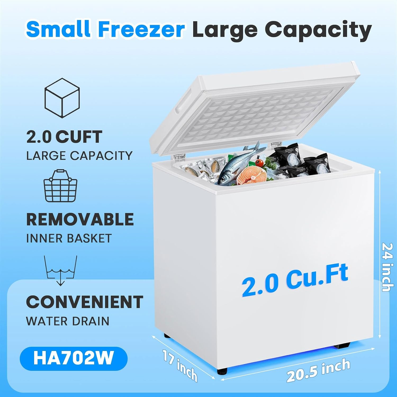 2.0 Cu.Ft Chest Freezer, Small Deep Freezer with 7 Adjustable Temperature Levels