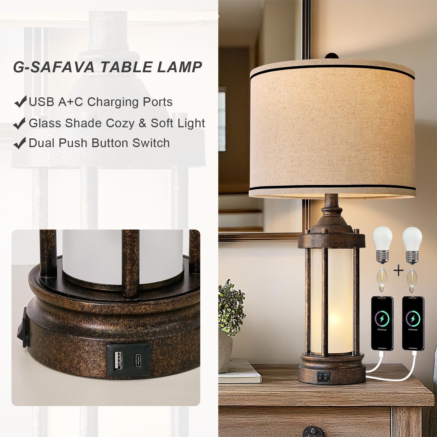 25'' Table Lamps Set of 2 for Living Room Bedroom Farmhouse Metal Lamps with 2 USB Ports