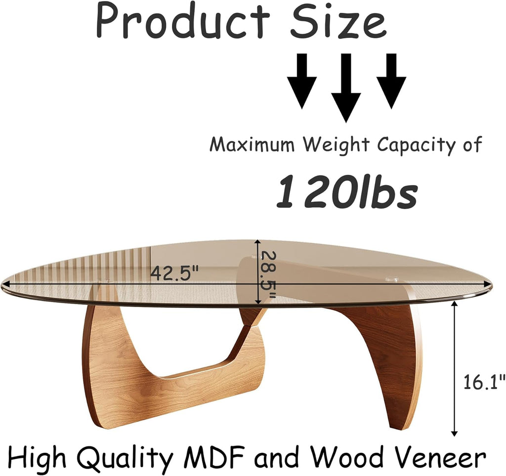 Morden Coffee Table, 42.5" x 28.5" x 16.1" Triangle Tempered Glass Top for Living Room