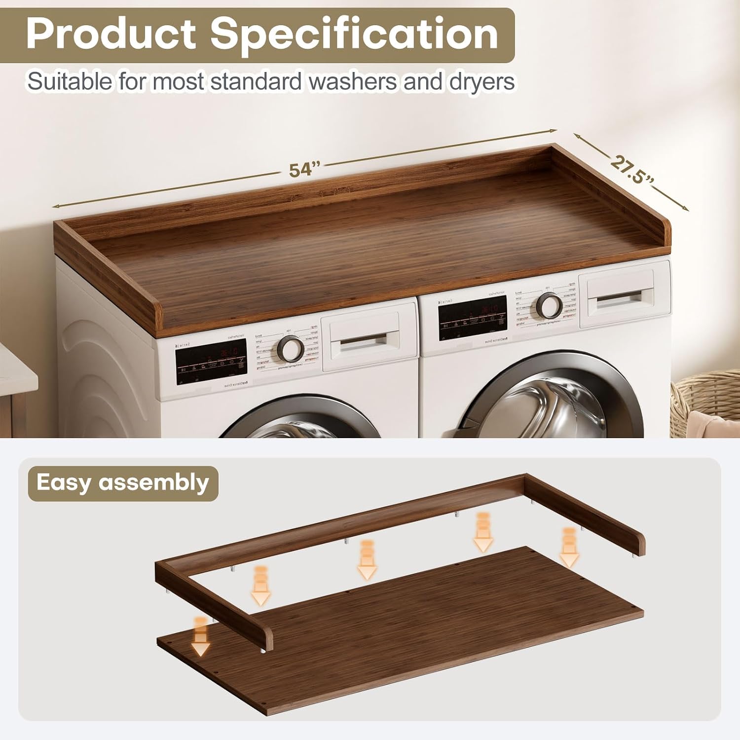 Washer Dryer Countertop, Laundry Topper with Edge Rails, 54" x 27.5" Bamboo Folding Station