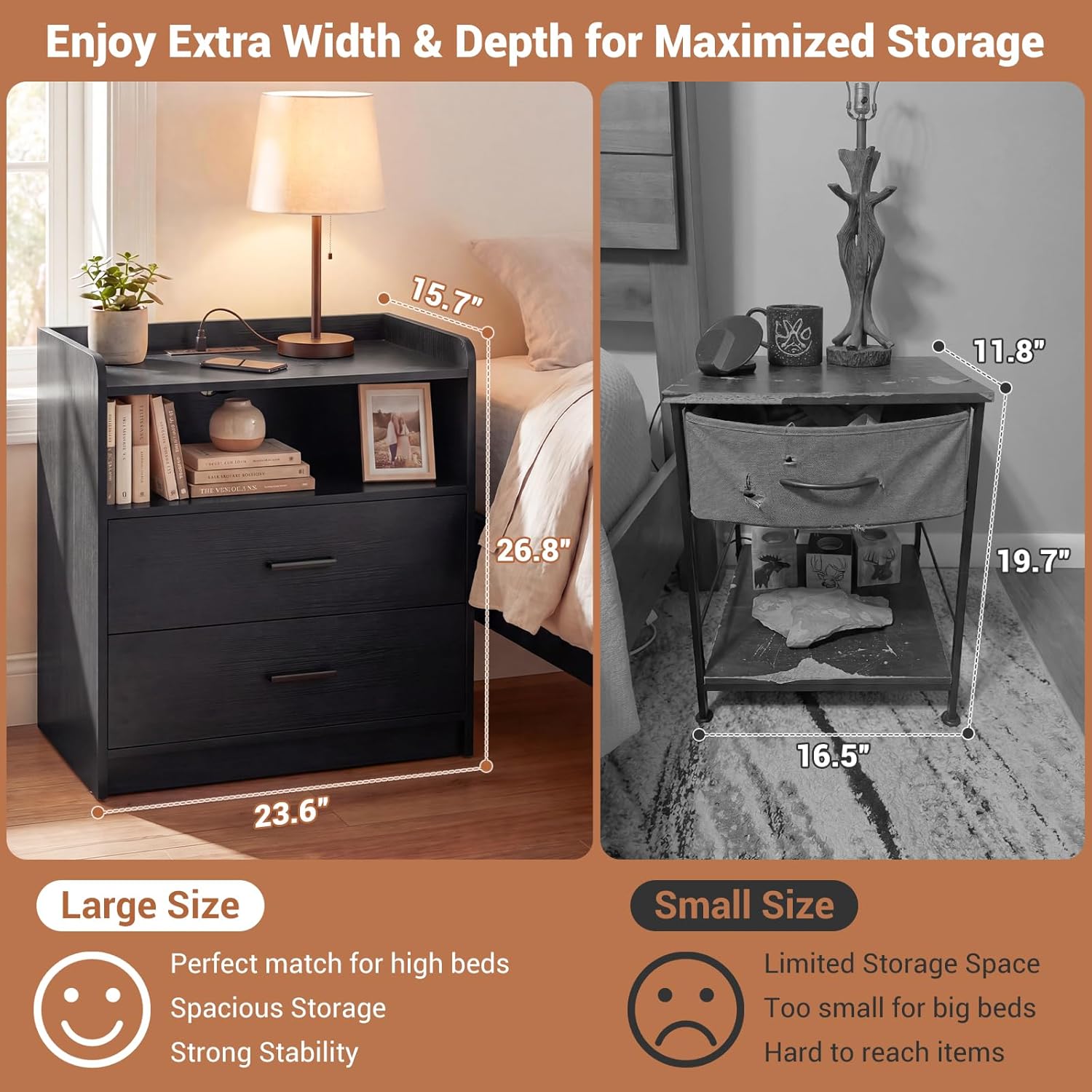 Aheaplus Nightstand with Charging Station, 23.6'' Large Wooden Bedside Table with 2 Drawers
