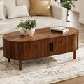 Coffee Table for Living Room, Modern Oval Coffee Table with Cabinets & Sliding Doors