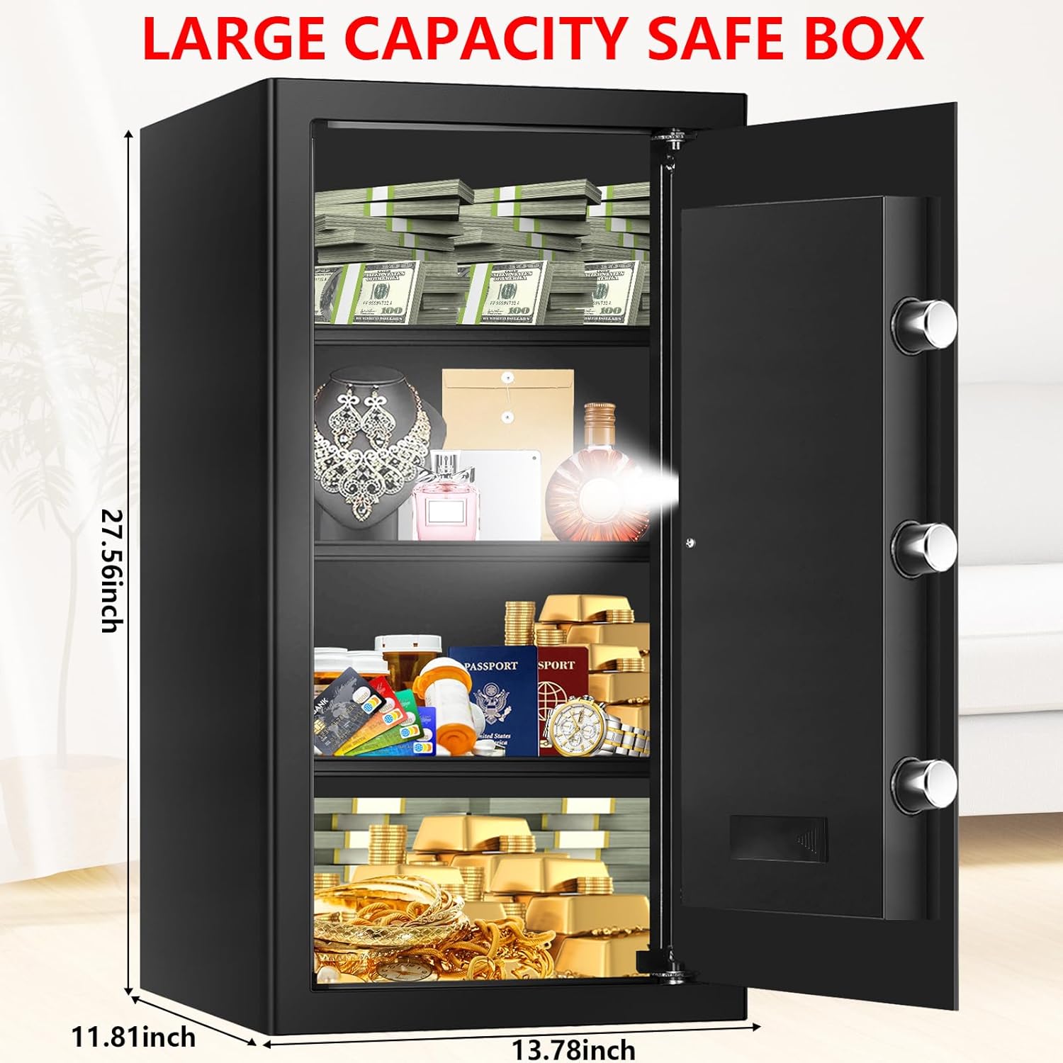 6.2 Cuft Large Home Safes Water and Fireproof with Digital Keypad & Key Lock, Fire Security Safe Box with 3 Removable Shelves
