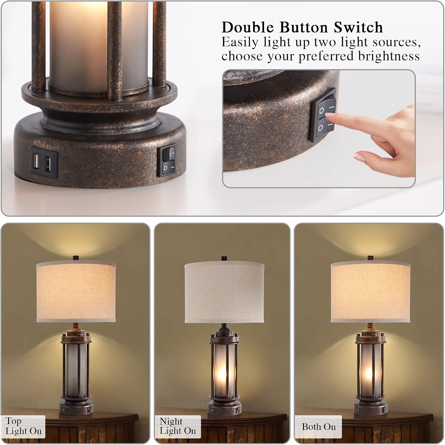 Set of 2 Farmhouse Lamps for Living Room, Rustic Vintage Bedroom Nightstand Table