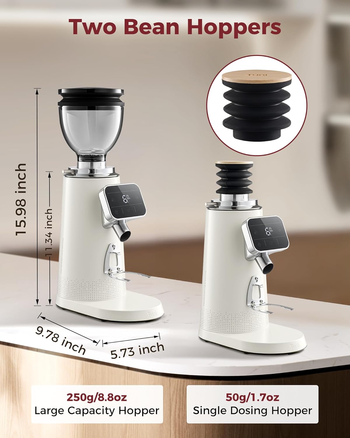 Tuni G3 64mm Flat Burr Coffee Grinder, 100 Grind Settings Electric