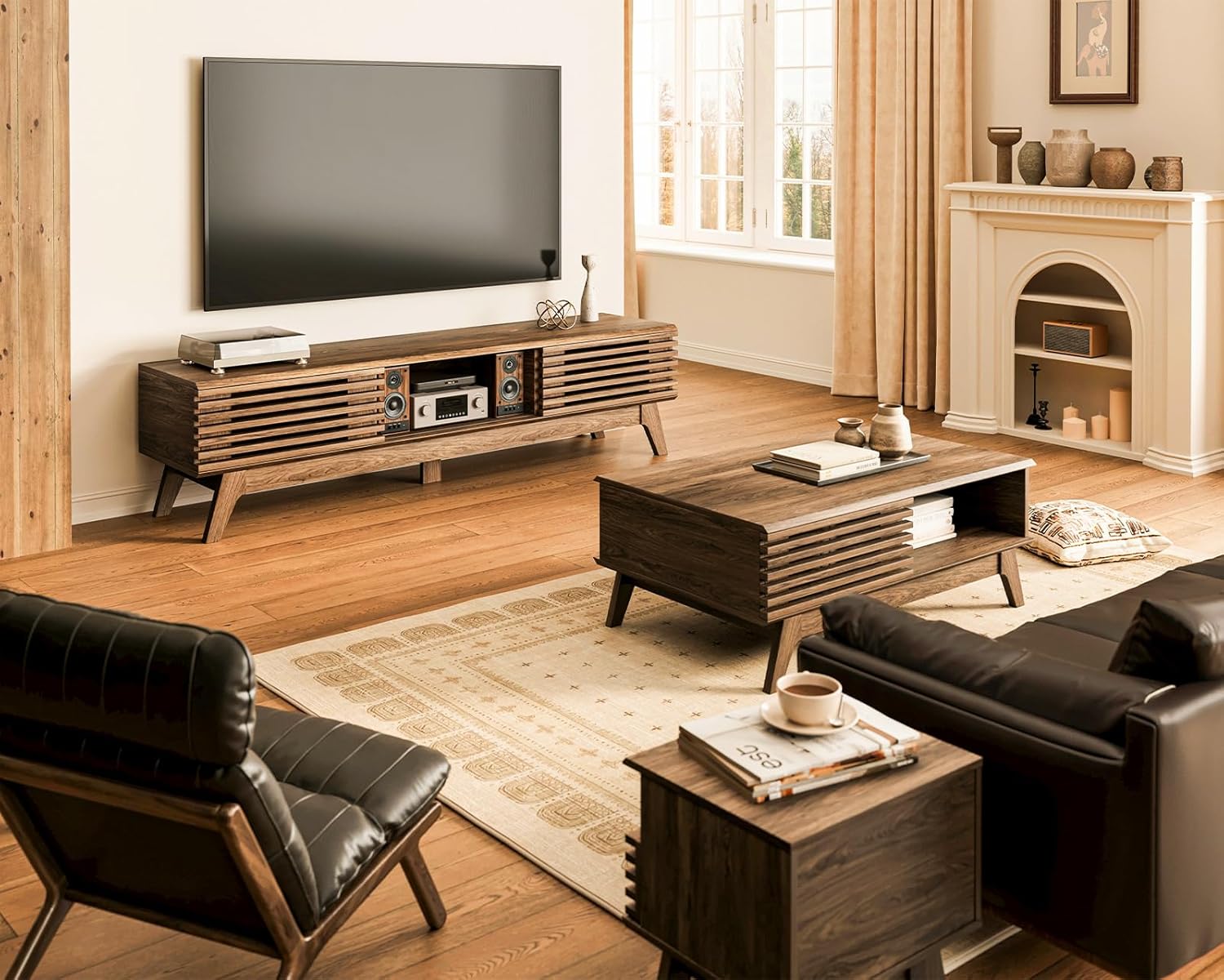 AODK 59" TV Stand for 55"/60"/65" TVs, Mid-Century Modern Fluted