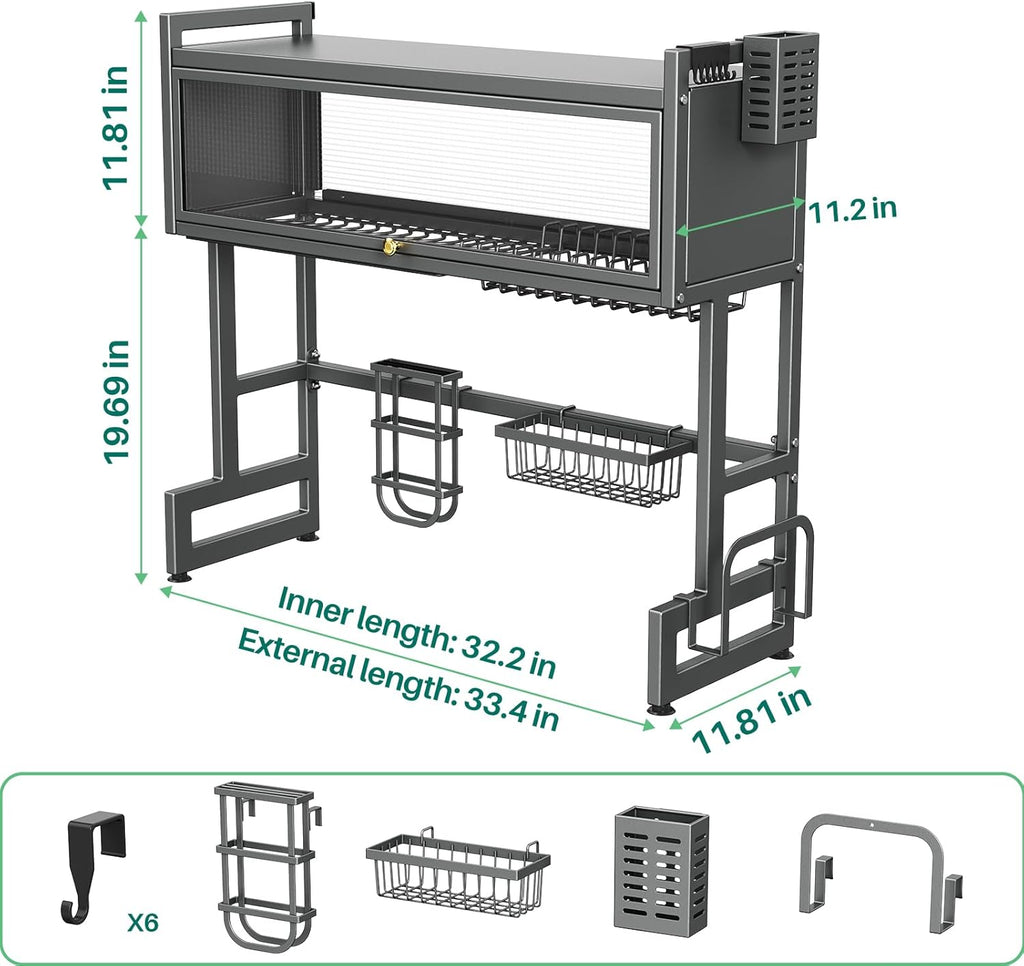 Over The Sink Dish Drying Rack with Cover, Over The Sink Dish Drainer Drying Rack 3 Tier Dish Rack