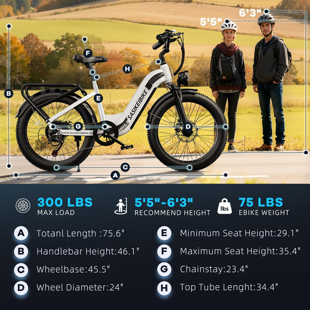 SASIKEIBIKE 1500W Electric Bike for Adults 24"Fat Tire for Commute&Mountain