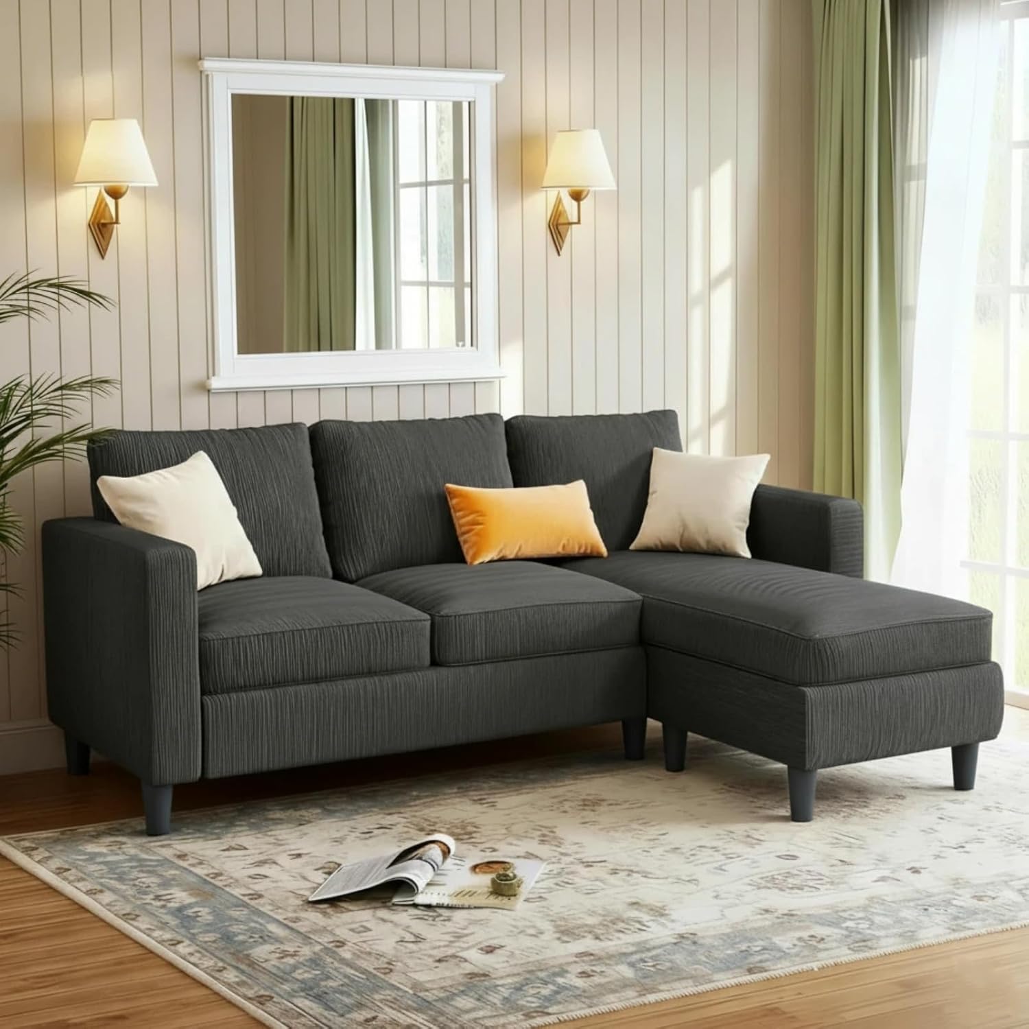 Couches for Living Room, 3-Seat Reversible Sectional Sofa with Convertible Ottoman