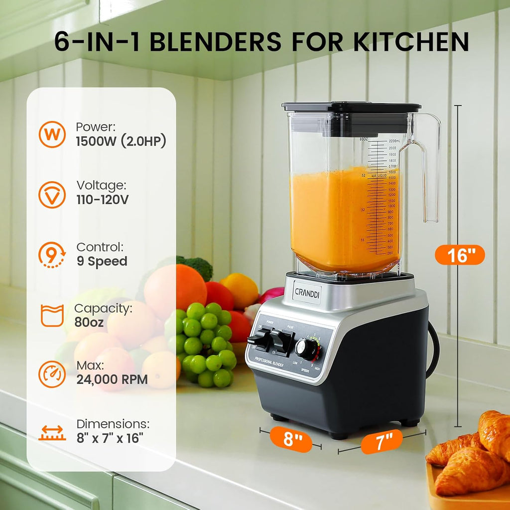 Professional Smoothie Blender, 80oz Countertop Blenders for Smoothies, Shakes & Ice Crushing, 1500W