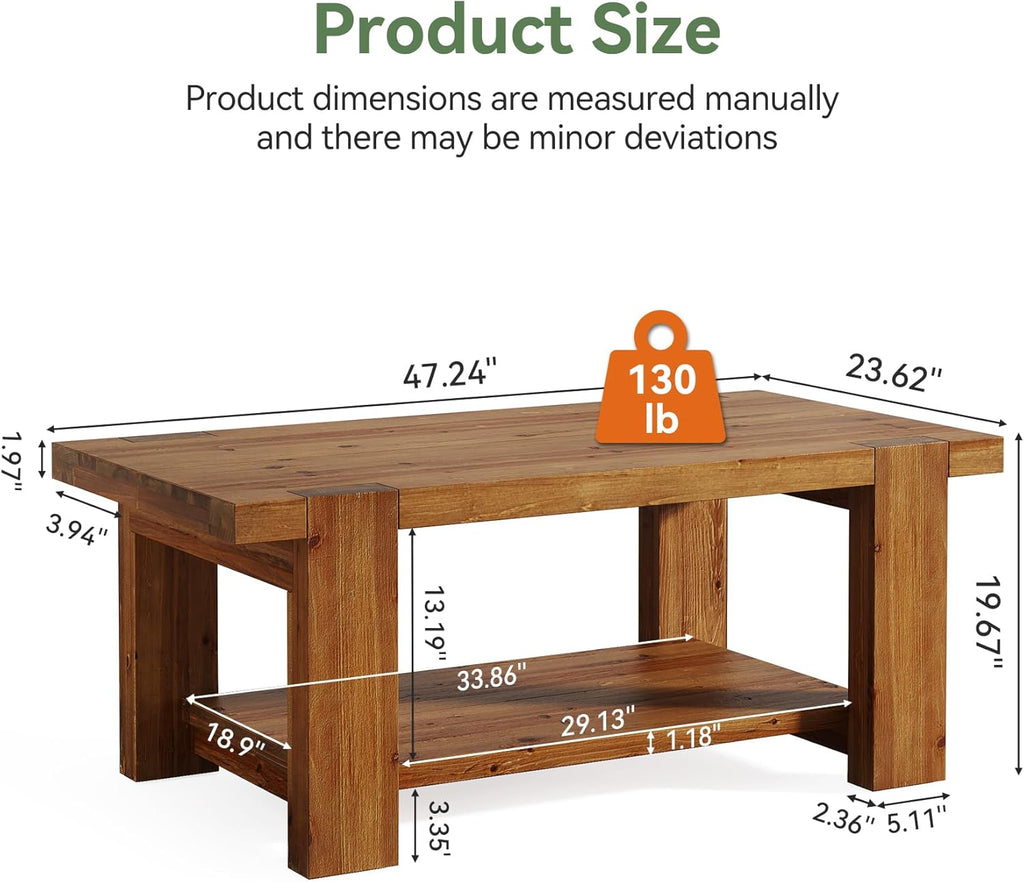 47" Large Coffee Table with Storage Shelf, Solid Wood Heavy-Duty Rustic