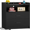 Aheaplus Nightstand with Charging Station, 23.6'' Large Wooden Bedside Table with 2 Drawers