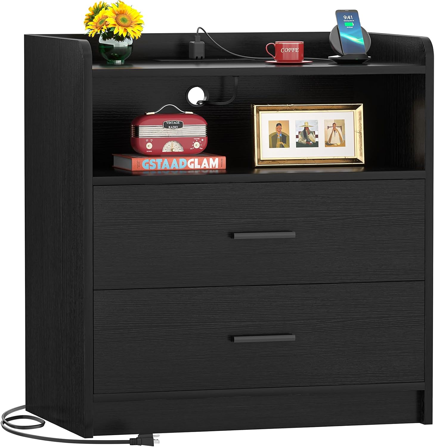 Aheaplus Nightstand with Charging Station, 23.6'' Large Wooden Bedside Table with 2 Drawers